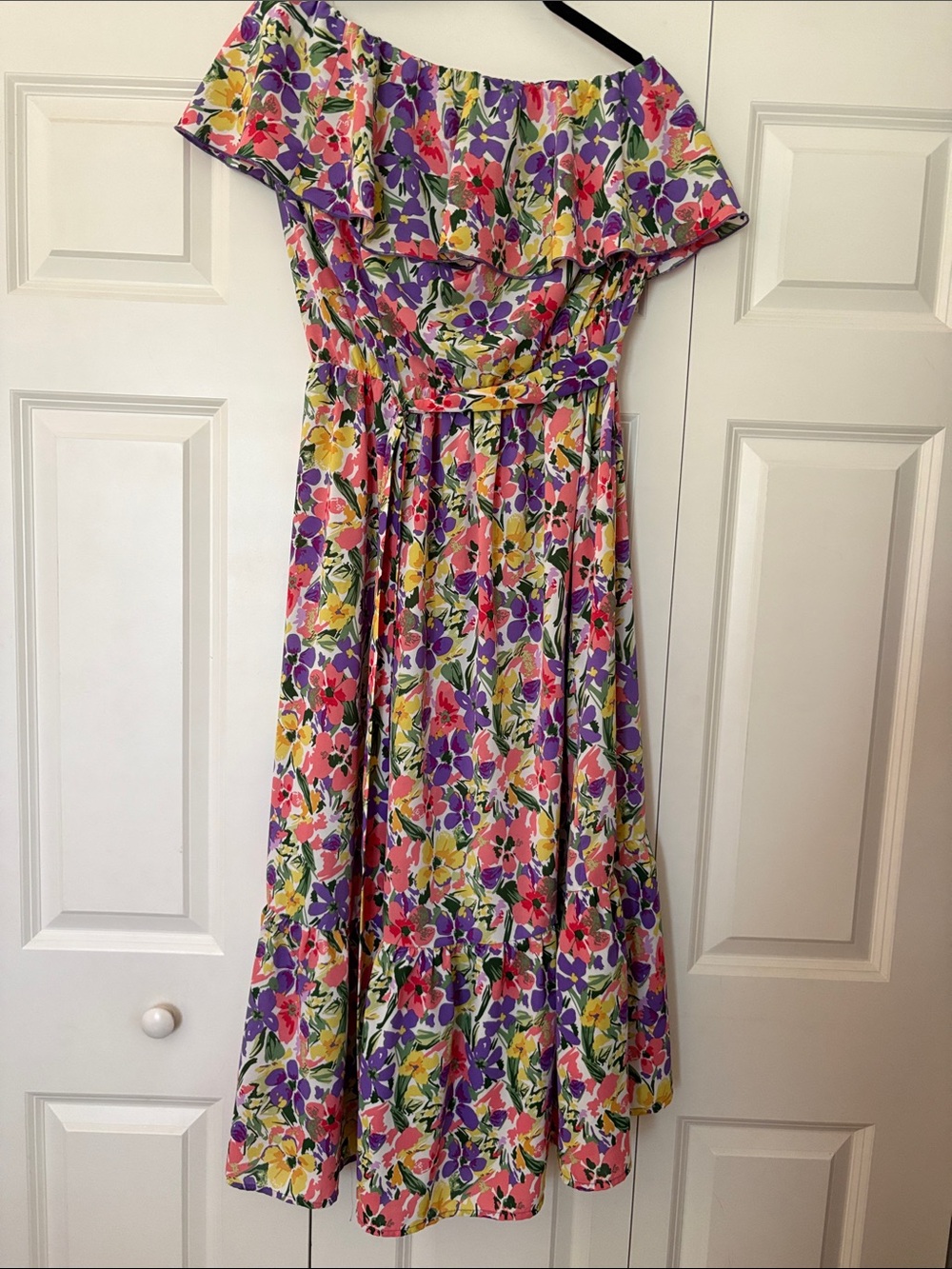 Floral Off-Shoulder Maxi Dress in Pink, Purple & Yellow